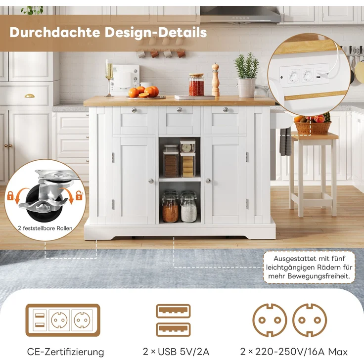 Küchenwagen 132x40(70)x87 cm mit klappbarer Platte, Steckdose, 3 Schubladen und 5 Rollen im Landhausstil Weiß/Natur – Bild 9