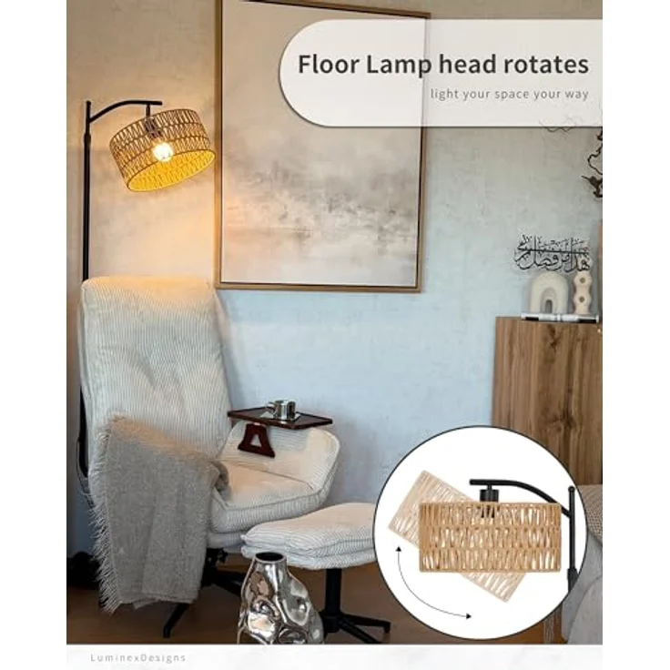 LuminexDesigns Stehlampe Wohnzimmer Vintage Rattan - Stehleuchte Schwarz Retro E27 mit Ablage Höhenverstellbar 176CM Boho Standleuchte mit 2M Kabel Fußschalter Beige Standlampe für Schlafzimmer – Bild 10