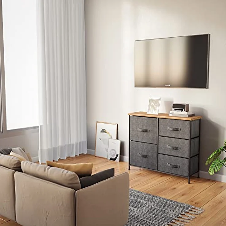 Mondeer Kommode, Kommode Schmal, Schrank mit 5 Groß Schubladen, Stoff Schubladenschrank, Kleideraufbewahrung, Aufbewahrung Schrank, 85x30x70cm, Stabiler Metallrahmen, Grau – Bild 4