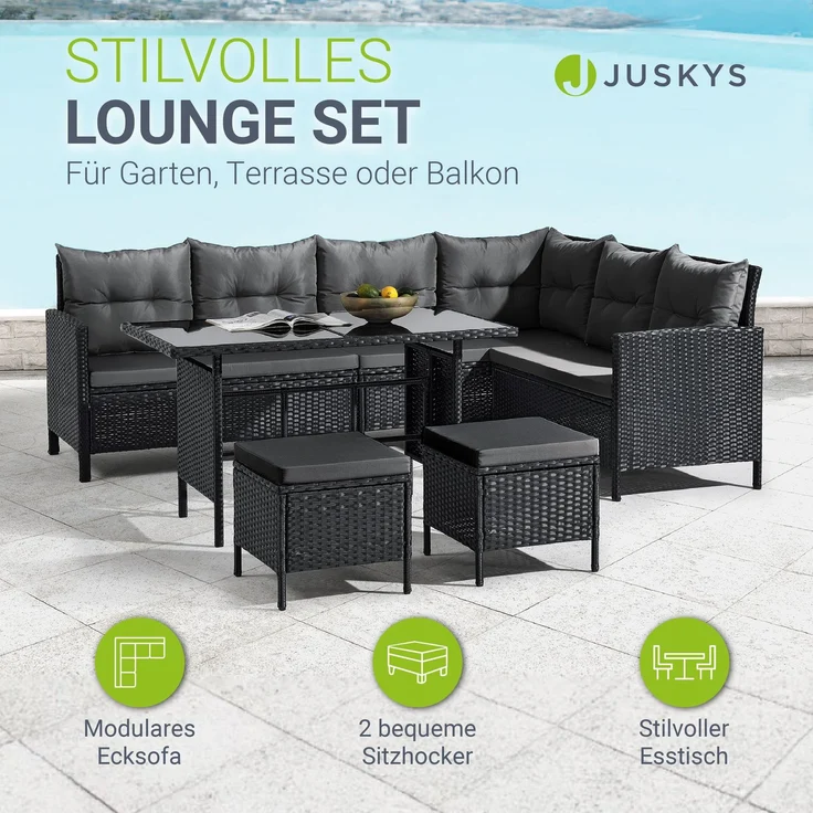 Juskys 'Manacor' Lounge mit Sofa, Tisch, 2 Hocker & Kissen, Polyrattan schwarz-grau, 7 Personen – Bild 2