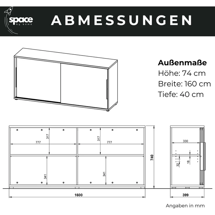 bümö Space Sideboard weiss mit Schiebetüren, Aktenschrank Holz 160 cm breit - Büro Schrank mit Schiebetür, Büroschrank schmal für die Dachschräge - Kommode für Ordner, SPCSS1OH-84 – Bild 7