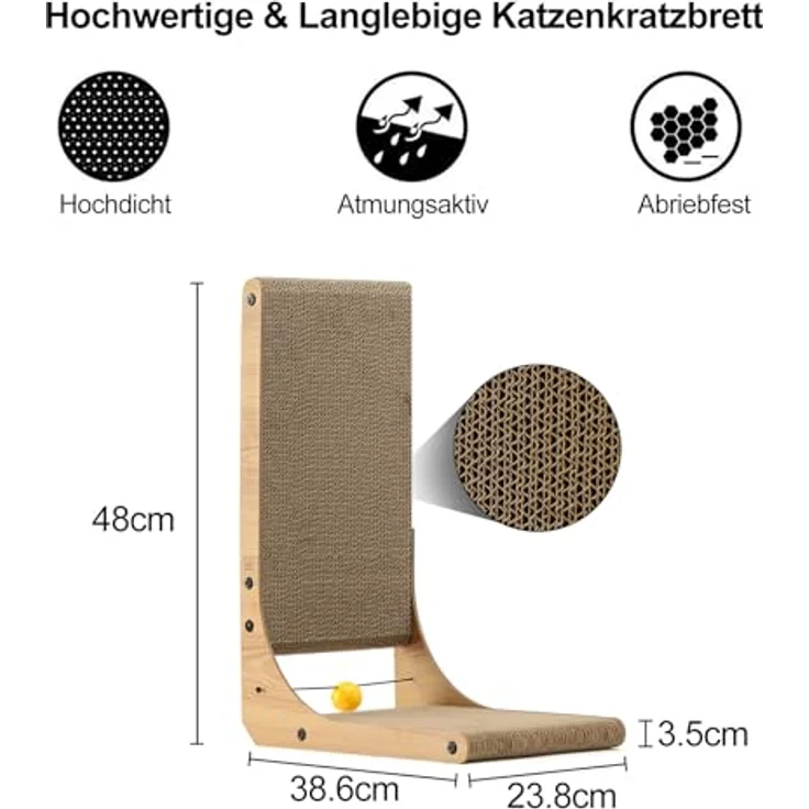 FUKUMARU Kratzbrett Katzen, 48 cm hohe L förmige Kratzpappe, widerstandsfähig Katzenkratzbrett mit Ballspielzeug, Katzen Kratzmöbel aus hochwertiger Karton für Wand und Ecke, Mittlere Größe – Bild 4