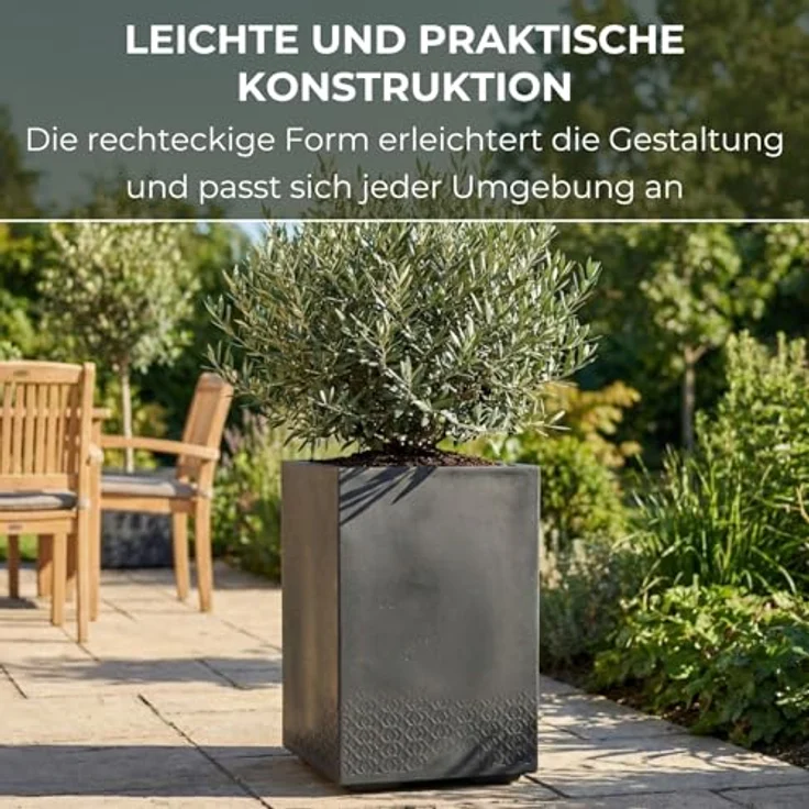 LAMELA Pflanzkübel mit Rollen Höhe 60 cm, 36L – Blumentopf aus Kunststoff in Betonoptik – Übertopf mit Wasserablauf – Modern für Innen & Außen - Wetterfest & Pflegeleicht, Antrazit – Bild 5