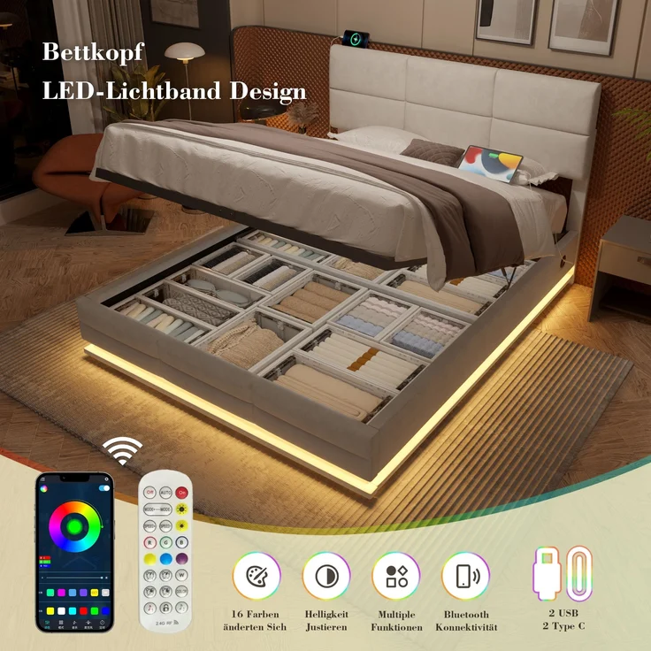 LVHOM Polsterbett 180x200cm mit LED und USB, Einzelbett mit Hydrauliksystem, Stauraumbett Samtstoff, Bettgestell Massiv, Boxspringbett, Beige – Bild 2