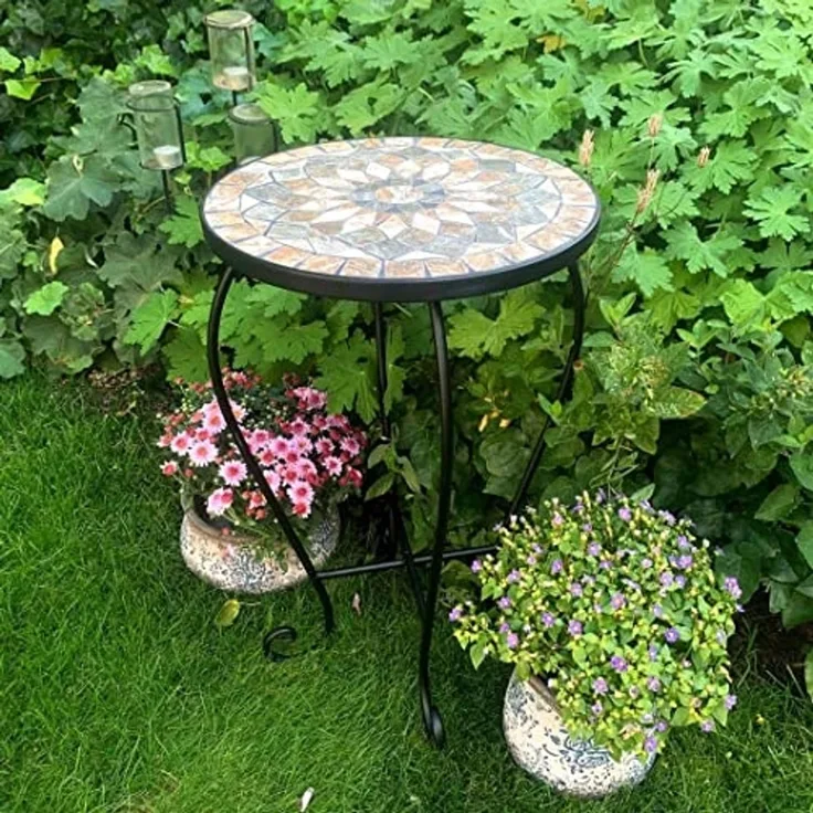 K&L Wall Art Blumenhocker Mosaik Gartentisch Metall Pflanzenhocker Stein Blumentreppe, Naturstein Mosaik Tischplatte