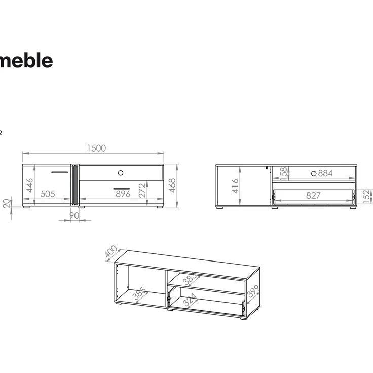 TV Lowboard 150 cm in Eiche Castello Nb. mit weiß Hochglanz AKRON-131 MDF Front mit edler Fräsung, B/H/T: ca. 150/47/42 cm – Bild 8