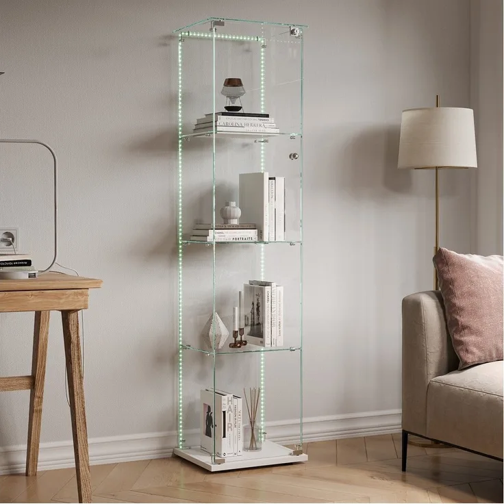 FUROKOY Glasvitrine Standvitrinen, Vitrine aus gehärtetem Glas (Vitrinenschrank mit 1 Glastür und Lichtleiste für Sammler, Bücher) 4 Lagen Sammlervitrine, Weiß