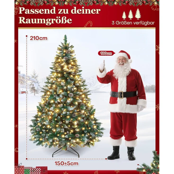 Yorbay Künstlicher Weihnachtsbaum Künstlicher Tannenbaum mit LED Beleuchtung, Schnee, Kiefernzapfen, 150 / 180 / 210 cm auswählbar, mit Ständer, Weihnachtsbaum Christbaum für Weihnachten-Dekoration – Bild 2