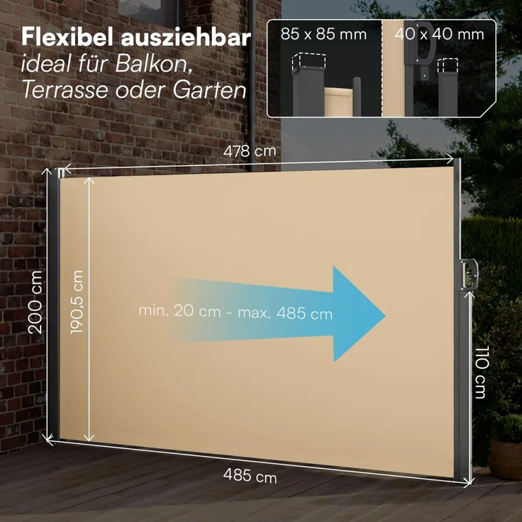 STEELSØN 'Zirella' Seitenmarkise mit Aluminium-Kassette, ausziehbar, 200x485 cm, beige/anthrazit, wetterfest und blickdicht – Bild 8