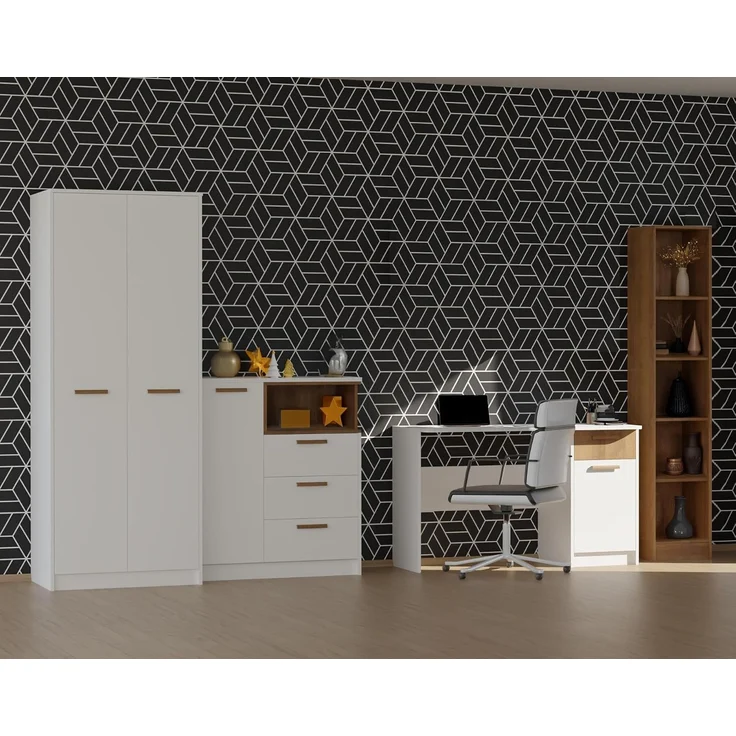 Marmex Möbel Grant Set-S Jugendzimmer-Set 2-teilig mit Kleiderschrank mit Kleiderstange, Kommode mit Schubladen, Jugendzimmer, Wohnzimmer, laminierte Spanplatte, weiß+riviera Eiche, 197,5x195x55 cm – Bild 6