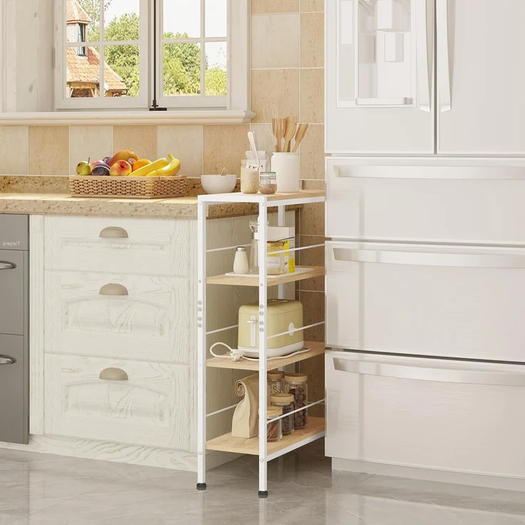 WOLTU Regal, Nischenregal mit 4 Ebenen, Küchenregal Gewürzregal stehend, Standregal Leiterregal schmal, für Küche Wohnzimmer, Holzwerkstoff Metall, Weiß Helle Eiche, 50 x 78 x 20 cm, RGB52whe – Bild 2