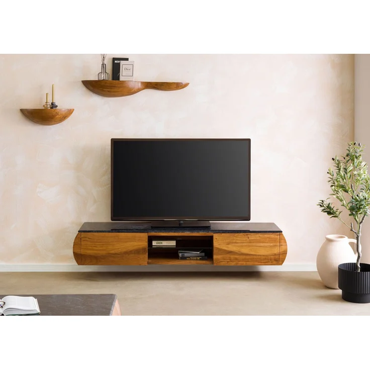 TV-Board Akazie 184x40x45 natur lackiert / Marmor schwarz MONTREAL #121 – Bild 2