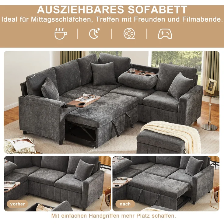 EINHOM Chenille-Ecksofa mit Schlaffunktion, Ausziehsofa mit Hocker, Leselampe, USB & Type-C, Ausgestattet mit verstecktem Tisch, Ausklappbarer Couchtisch mit zwei Getränkehaltern, Grau, 205 x 205 x 85 CM[9907] – Bild 2