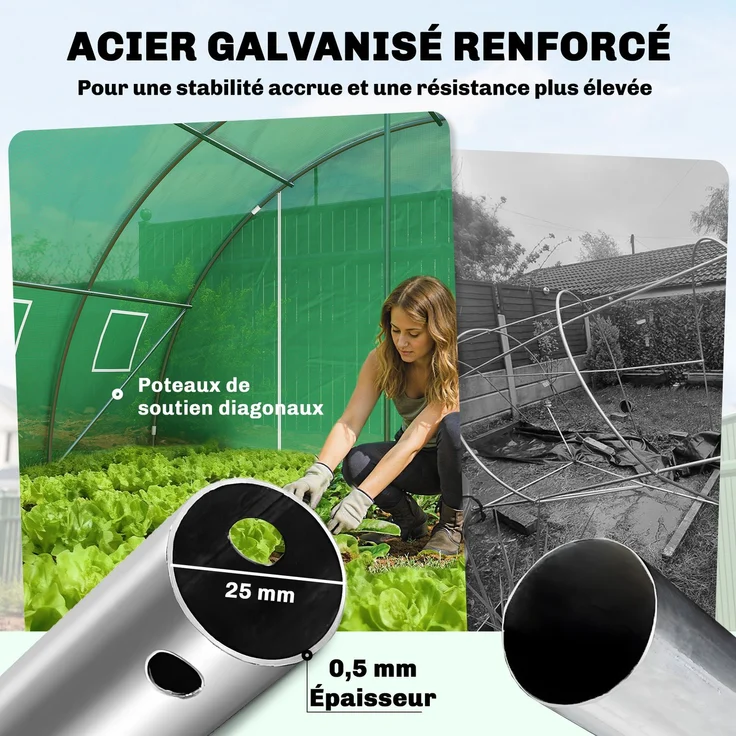 MELAYR, Gewächshaustunnel für den Gartenbau, verzinkter Stahl Ø25 mm, verstärkte Konstruktion, 395 x 595 x 199 cm, Grün – Bild 6