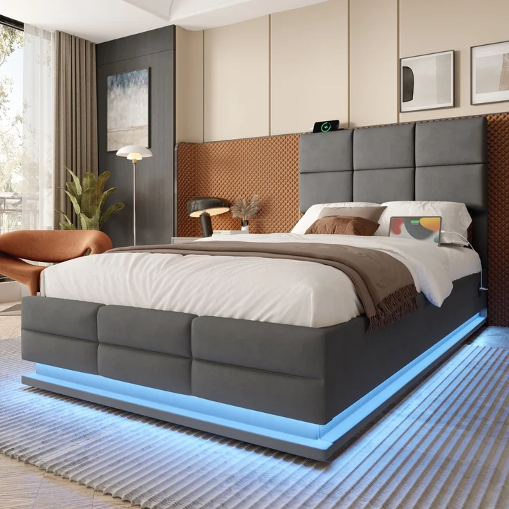 TavilaEcon Boxspringbett Modernes Polsterbett mit höhenverstellbarem Kopfteil & LED-Beleuchtung grau Liegefläche 90 × 200 cm – Bild 7