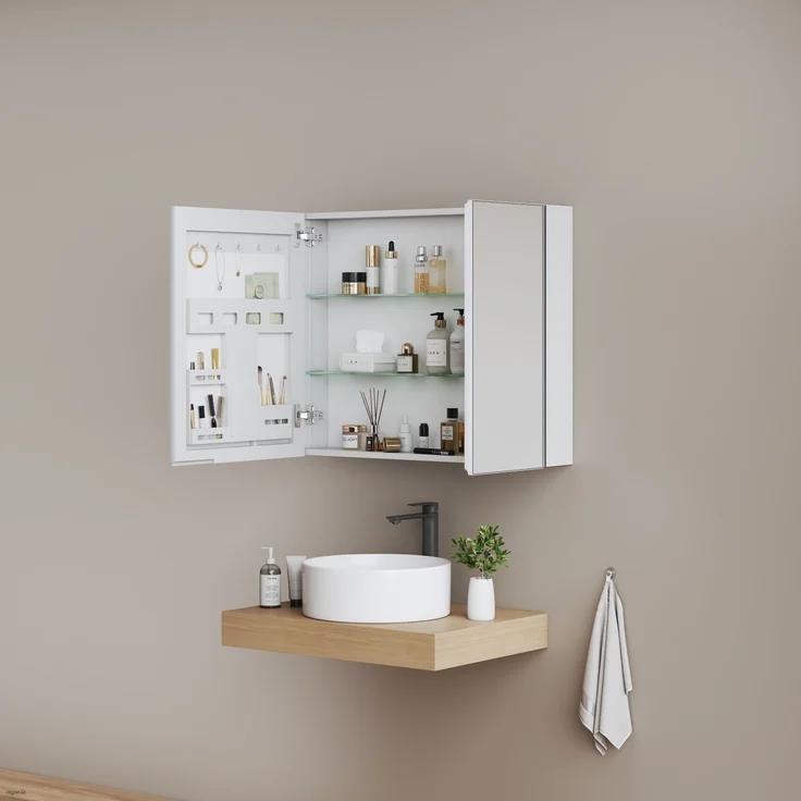EMKE Spiegelschrank 80 x 65 x 14,5 cm – 2 Spiegeltüren mit integriertem Stauraum, verstellbare Ablagen, mattweiß – Bild 3