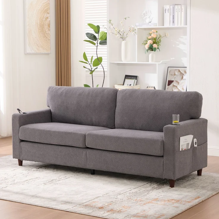 Zweisitzer-Sofa Chenille-Bezug, extraweiche Polsterung & hochverdichteter Schaumstoff, USB‑C, dimmbare LED‑Leiste,hellgrau – Bild 3