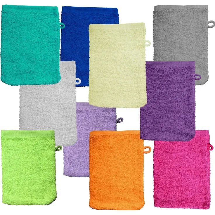 KH-Haushaltshandel Waschhandschuh Waschhandschuh Frottier, versch. Farben sortiert, 100%Baumwolle (Sparset, 10-tlg, 10tlg), Aufhängekordel
