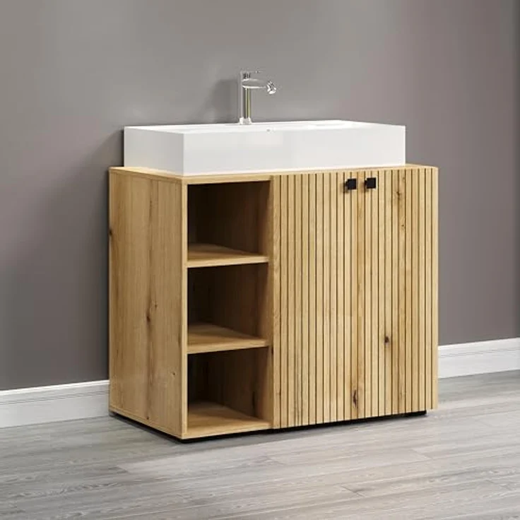 trendteam smart living - Waschbeckenunterschrank Unterschrank auf Rollen - Badezimmer - PureBliss - Aufbaumaß (BxHxT) 80 x 64 x 42 cm - Farbe Evoke Eiche mit schwarzen Rillen - 233730142 – Bild 6