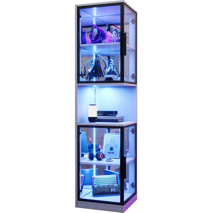 ZUBALIYA 205cm hoher LED-Vitrinenschrank mit doppelten Glastüren und verspiegelter Rückwand, mit farbwechselnder Beleuchtung und Kippschutzvorrichtung–elegant, vollständig transparent–Weinschrank, Bücherregal, Weiß – Bild 8