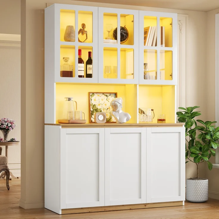 Vitrinenschrank 200x120x38 cm mit App-gesteuerter LED-Beleuchtung, Weiß-Eiche – Bild 2