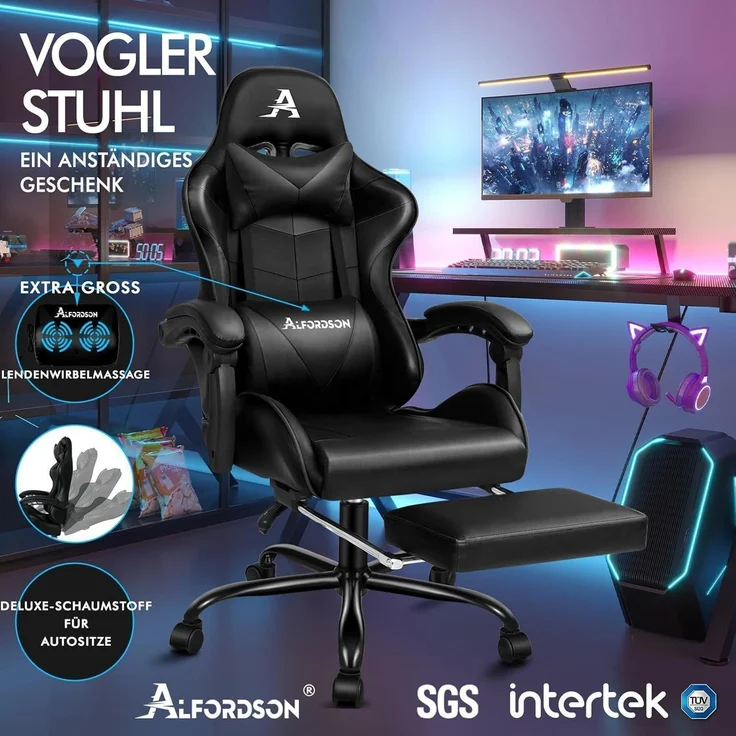 Gaming-Stuhl ALFORDSON Ergonomisch Massage PU Leder Schwarz 180kg – Bild 3