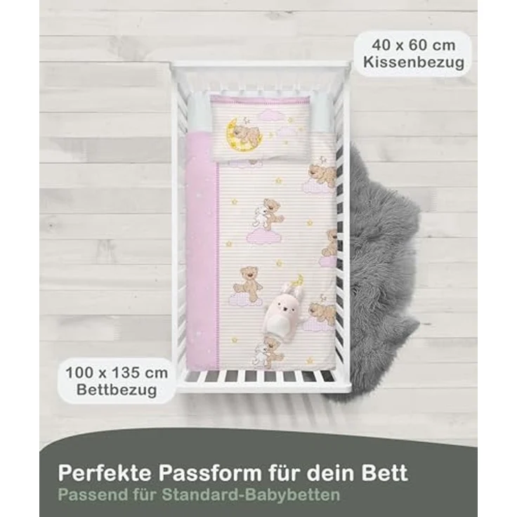 LINKHOFF Babybettwäsche Biber Bettwäsche 100x135cm Rosa Teddy - 100% Baumwolle Reißverschluss, Bärchen, Teddy Bären, Fein-Biber Flanell Bettwäsche – Bild 2