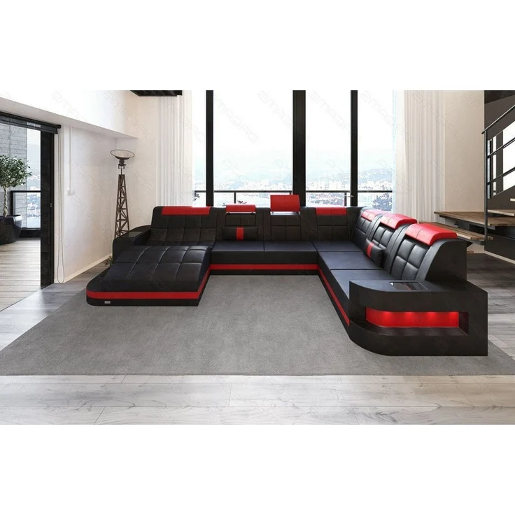 Sofa Dreams - Design Wohnlandschaft Wave XL mit LED - Kunstleder - schwarz-rot - Links – Bild 4