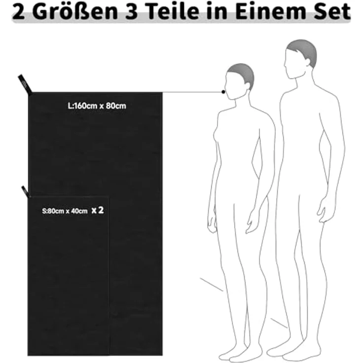 Pameil Mikrofaser Handtuch 3er Set, schnelltrocknend und super saugfähig, 160x80cm Badetuch + 2x 80x40cm Handtücher, Schwarz – Bild 2