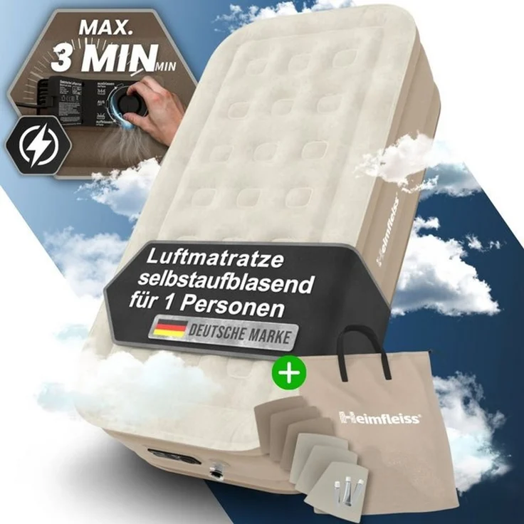 Heimfleiss® Luftmatratze selbstaufblasend 1 Person | Premium Luftbett 100x200 cm | Schnell Aufblasbare Matratze ideal nutzbar als Gästebett & Camping Bett | Selbstaufblasbare Gästematratze mit Pumpe – Bild 4