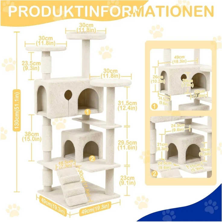 FIVMEN Kratzbaum Grosse 130cm mit Sisal-Seil, 2 Katzenhäusern Plattformen & Höhle, Katzenmöbel Katzenspielzeug für Katzen Beige Dunkelgrau Grau – Bild 2