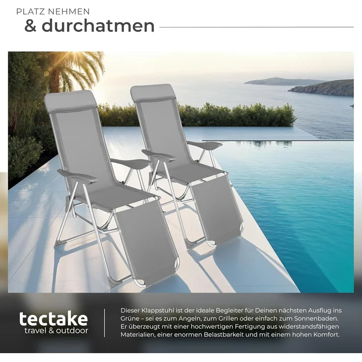 tectake® 2er Set Alu Sonnenliege Liegestuhl, Gartenstühle 5-Fach verstellbare Rückenlehne, Gartenliege mit Fußteil, leicht & klappbar, Relaxsessel mit Kopfpolster, für Camping Garten Balkon - grau – Bild 5