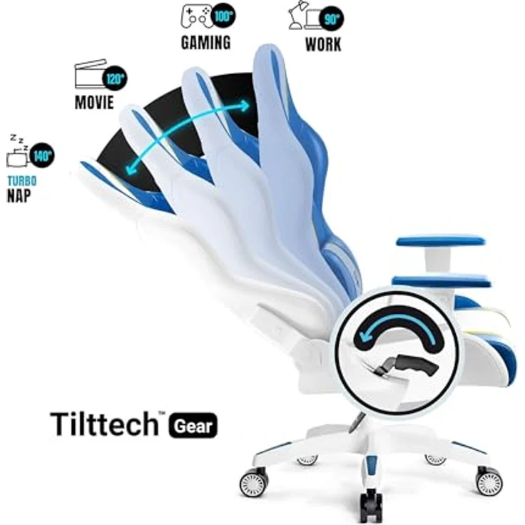 Diablo Chairs Gaming-Stuhl X-One 2.0 ergonomischer Drehstuhl mit Lendenkissen und Kopfstütze Leder HDS Tilttech-Verstellung Armtech-Armlehnen 64 x 33 x 120 cm Aquablau – Bild 5