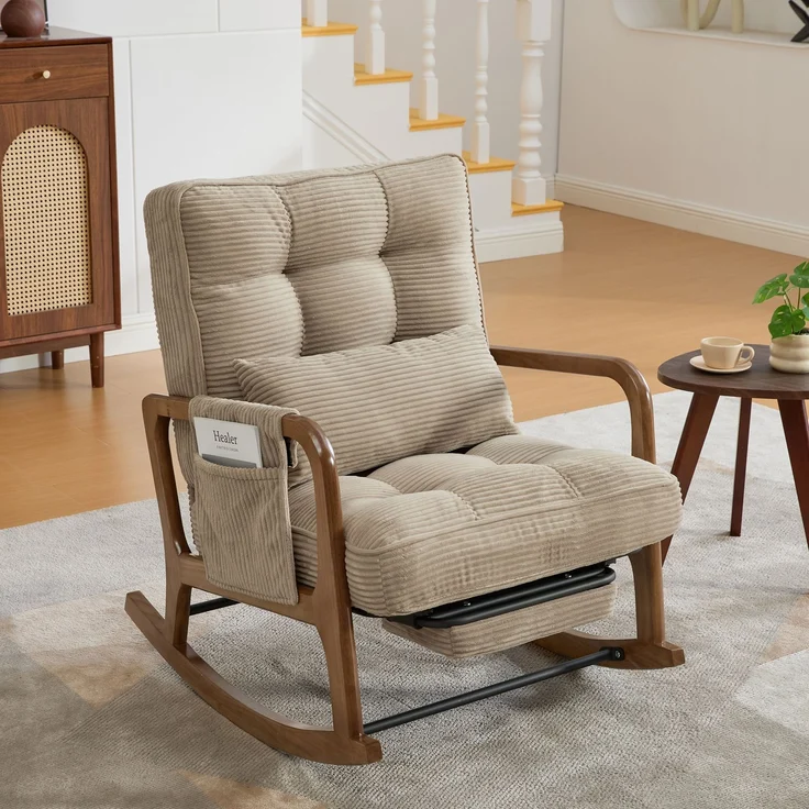 LVHOM Schaukelstuhl mit ausziehbarer Fußstütze, Relaxsessel mit verstellbare Rückenlehne, Loungesessel mit Seitentasche, bis 150 kg belastbar, Khaki – Bild 2