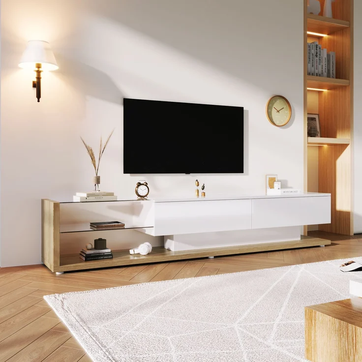 TV-Schrank 170 cm Weiß Hochglanz mit LED-Beleuchtung, 2 Schubladen, 2 Glasregale – Bild 7