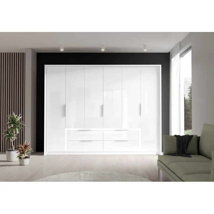 Drehtürenschrank >LUANO< 4 Schubladen, 6 Türen, Weiss / Weiss Glanz - 269,7x210,5x60cm (BxHxT) – Bild 2