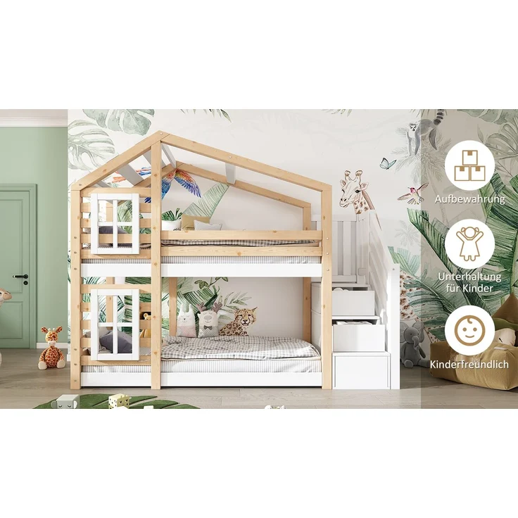 Kinder-Etagenbett Massivholz, Baumhaus-Design mit Schubladentreppe, 90x200 cm, Natur & Weiß, ohne Matratze – Bild 4