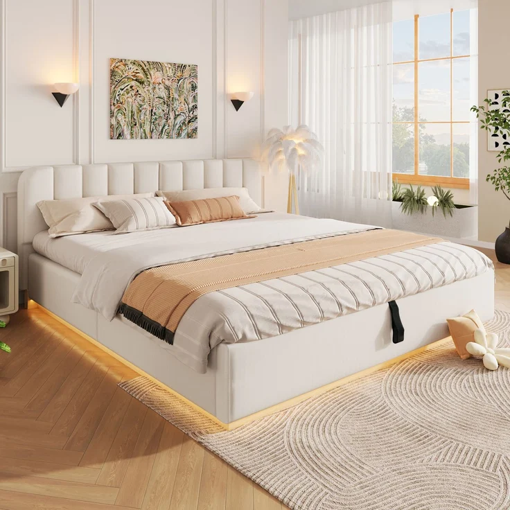 Polsterbett, Doppelbett, 180 x 200 cm, Bett mit Lattenrost, Kopfteil, Gepolstertes Kopfteil, Hydraulische Lagerung, Mit LED-Lichtleiste, Ohne Matratze, Beige Chenille – Bild 3