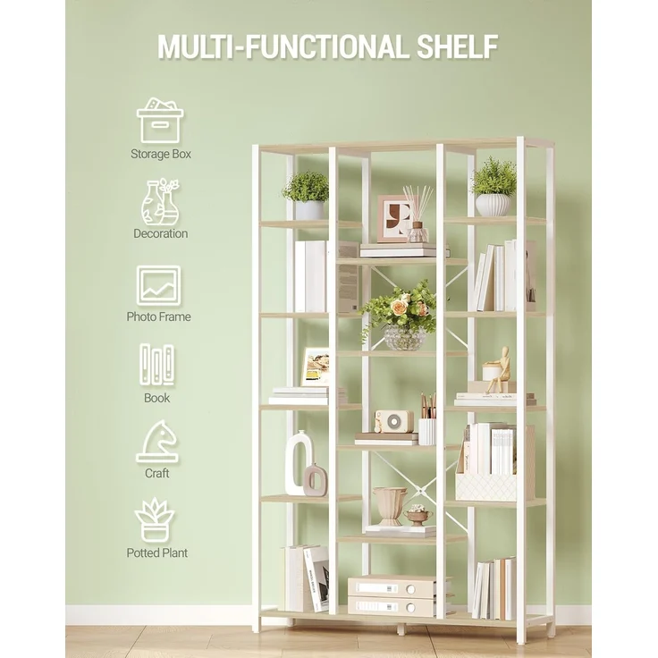 Bücherregal, Standregal mit 6 Ebenen 15 Ablagen, Verstellbare offene Ablagen, für Wohnzimmer, Büro, Schlafzimmer, 30 x 70 x 170cm, Weißeiche und Weiß – Bild 5