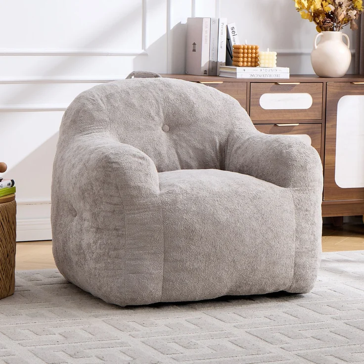 Sitzsack 95cm×95cm×79cm in Hellgrau mit Kunstfell – ergonomischer Loungesessel ohne Montage – Bild 1