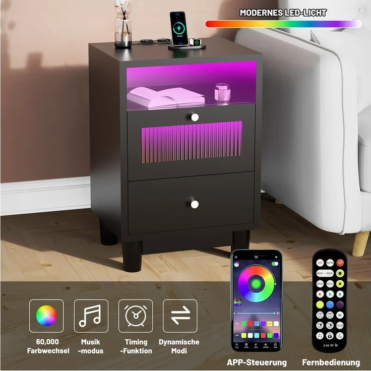 oyajia Nachttisch mit LED-Beleuchtung und Ladefunktion, Beistelltisch (Nachtschrank Beistelltisch mit 2 Schubladen und 1 offener Ablage, 1-St), 2 AC-Steckdosen, 1 typ C+1 USB-Anschlüsse, 40x35x61cm – Bild 2