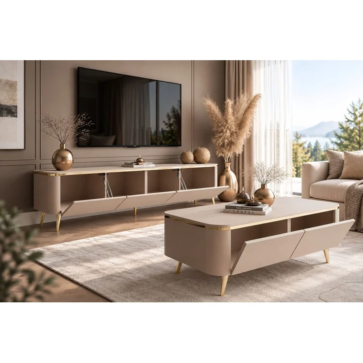 ALLHOUSE24 Wohnzimmer-Set LINE - TV-Schrank, Couchtisch, Kaschmir matt / Gold Metallfüßen, (2-St, Das Set besteht aus: TV Schrank, Couchtisch), Breite: TV Schrank 200 cm, Couchtisch: 90 cm – Bild 2