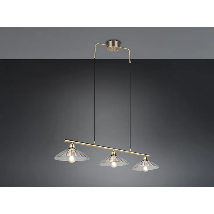 Pendelleuchte ELUNA 3-flammig Altmessing, Glasschirme klar, Breite 100cm