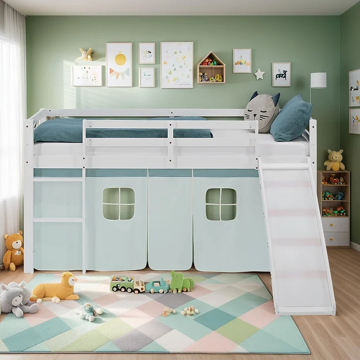 Hochbett Kinder 90x200 cm mit Rutsche Kinderbett Kinderhochbett Stockbett Vorhang Grün Mintgrün Leiter Holz Massiv – Bild 10