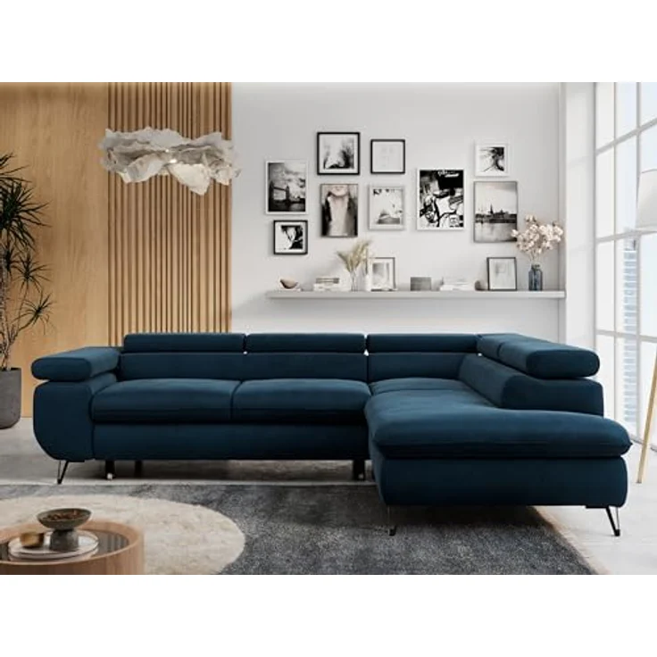 Mks Möbel 'Peter L-form' Ecksofa mit Bettfunktion, Bettkasten & einstellbaren Kopfstützen, Dunkelblau, Velours, rechts – Bild 3