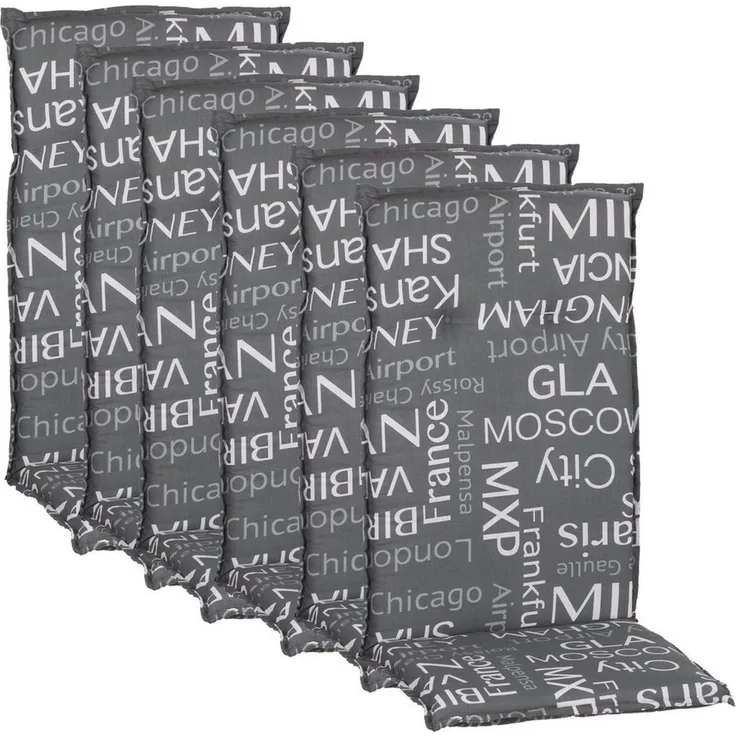 NYVI Hochlehnerauflage Hochlehner Auflagen 6er Set Barcelona - Gartenstuhlauflagen 118x50cm, (6 St), Stuhlauflage, Sitzauflage mit Halteband, UV-fest, Schrift