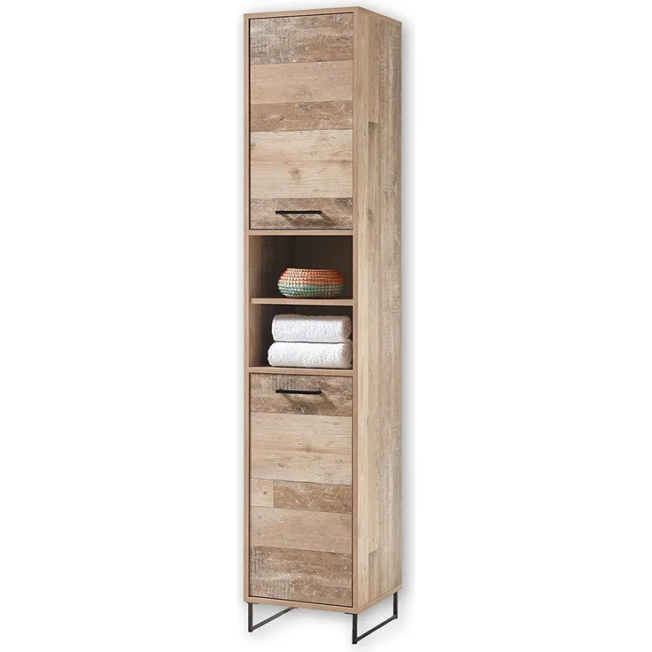 Stella Trading ROOF Badezimmer Hochschrank in Eiche Old Style Optik - Badezimmerschrank Bad Schrank mit viel Stauraum - 38 x 190 x 37 cm (B/H/T)