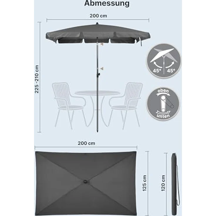 4smile SunnyShade Sonnenschirm Balkon Roma mit Schutzhülle, Anthrazit, Sonnenschirm rechteckig 200x125 cm, Sonnenschutz Balkon mit UV 50+, Balkonschirm mit Kurbel, knickbar und höhenverstellbar – Bild 6