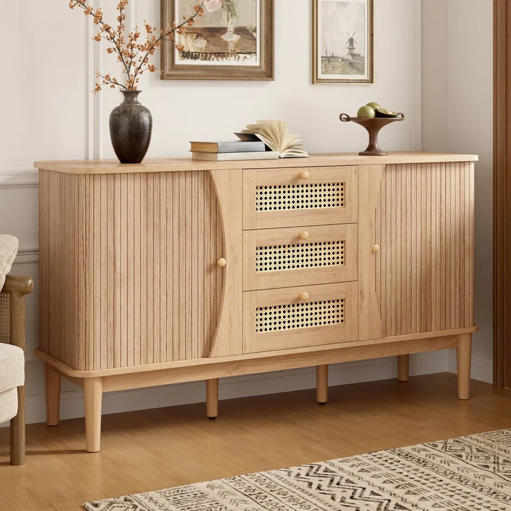 ZUBALIYA Kommode 141x40x77 cm, mit verstellbaren Einlegeböden, aus MDF, Natur – Bild 10