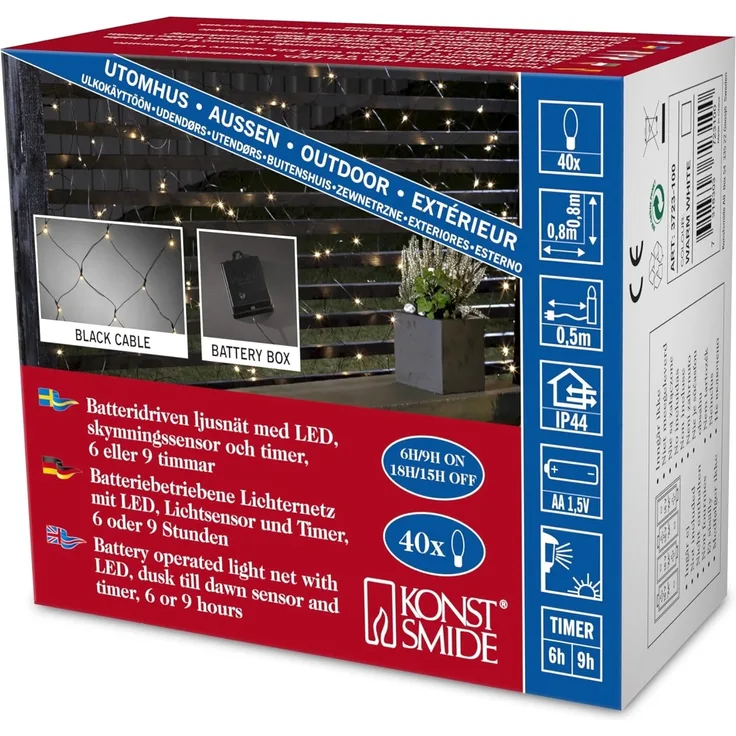 Konstsmide 3723-100 LED Lichternetz / für Außen (IP44) / Batteriebetrieben: 4xAA 1.5V (exkl.) / 40 warm weiße Dioden / mit Lichtsensor und 6h und 9h Timer / schwarzes Kabel, 80x80 cm